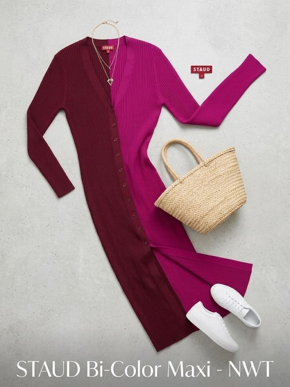 STAUD Bi-Color Ribbed Knit Button-Front Maxi Dress - Picture 1 of 5